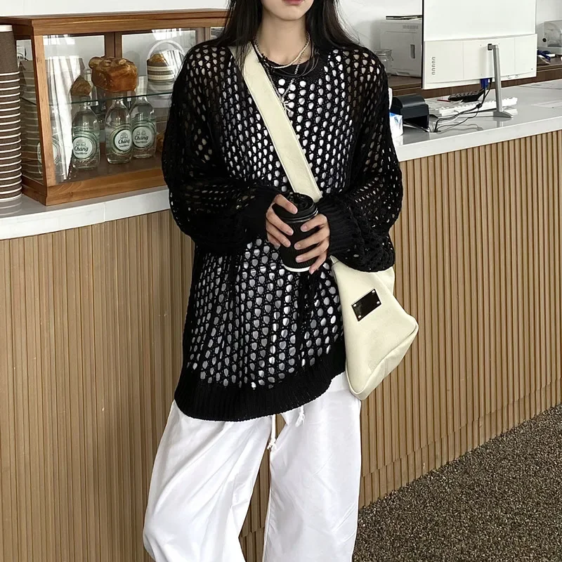 Long Sleeve Hollow Out Loose Sunscreen Shirts Women O Neck Knitted Covers Up Spring Dustcoat Thin Casual Autumn Solid Long Tops