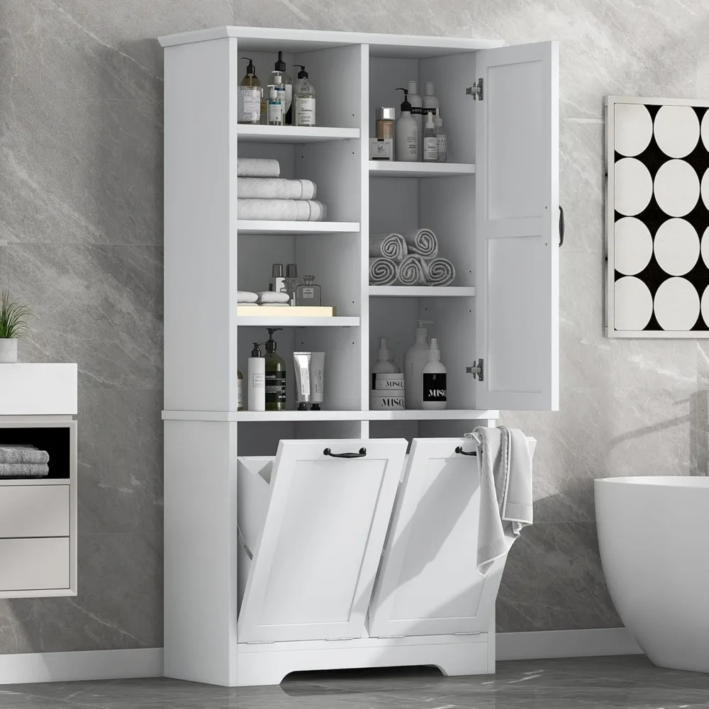 Tall Storage Cabinet, Bathroom Floor  Storage Cabinet with Doors, Adjustable Shelf, Drawers, and Tilt-Out Laundry Hamper