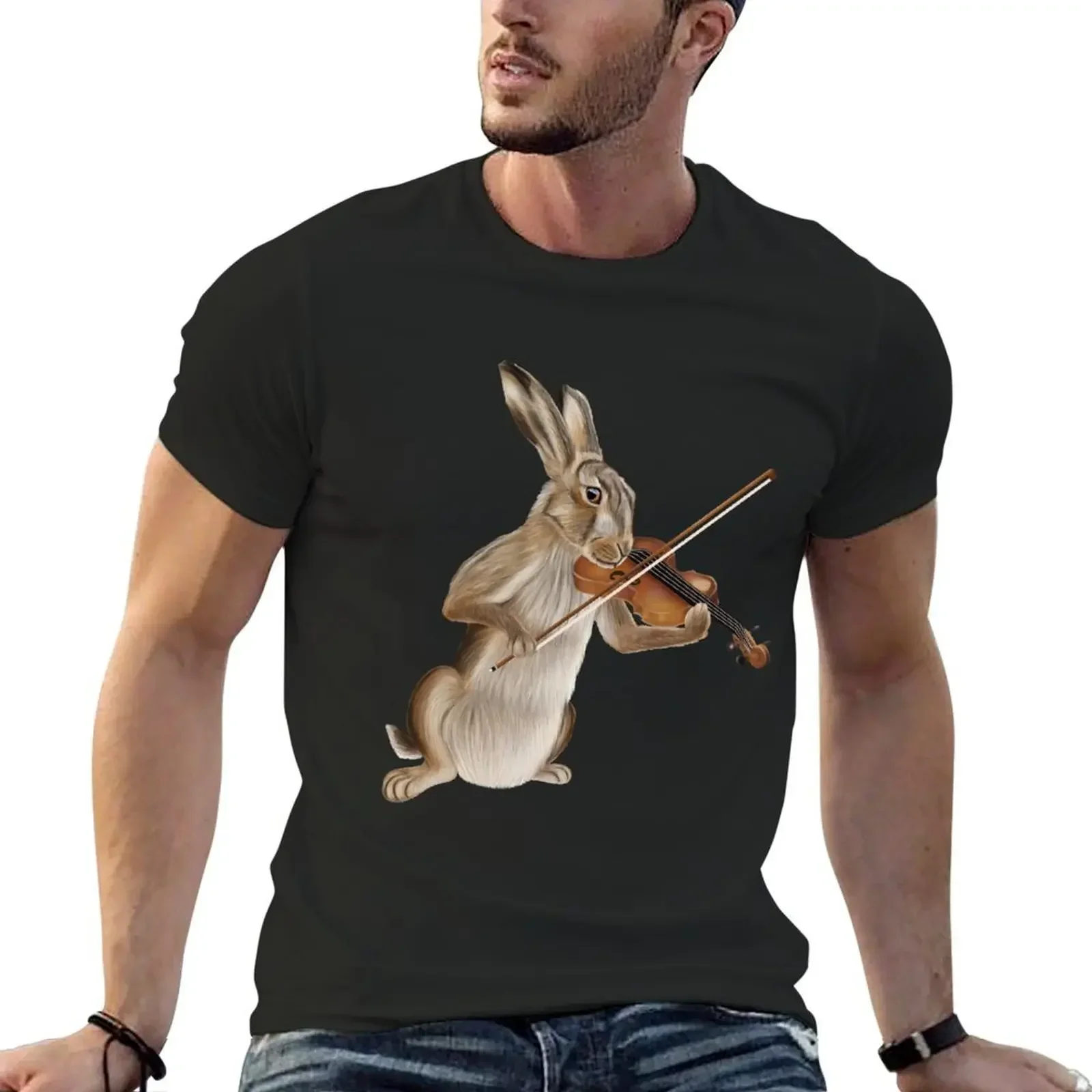 Hare playing the fiddle - violin rabbit T-Shirt tees oversized blue archive graphic t shirts shirts men graphic