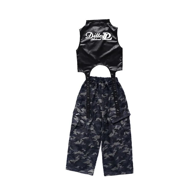 

Костюм для джазового танца для девочек, крутые черные топы с пупком, камуфляжные брюки, одежда для выступлений в стиле хип-хоп, одежда без рукавов для уличных танцев BL16623