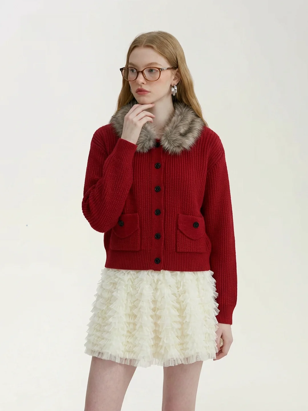 

AHMI New Year Red Fur Collar Knitted Sweater Cardigan Women's Spring Soft Breathable Long Sve Regular Fit Sweet Sle