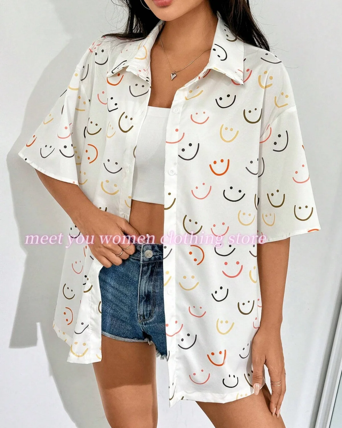 2025 women smile faces Print Short Sleeved Shirts & Blouses Shirts Beach Sunscreen Shirts Hawaii VacatioShirts Loose Lady Shirts