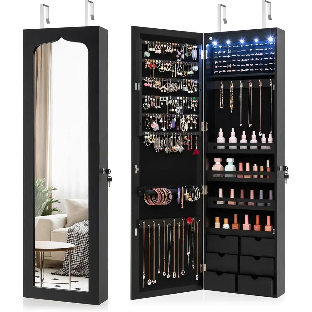

Illuminated Lockable Jewelry Armoire with Full-Length Mirror and Adjustable Storage for Makeup and Accessories (Black)
