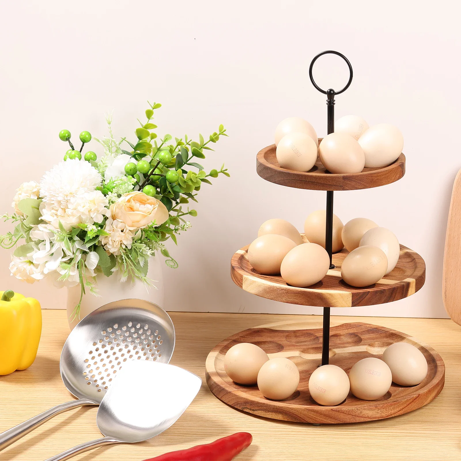 

3 Layers Wood Egg Platter Versatile Easy to Clean Egg Stand Plate Reversible Tray Large Capacity Egg Stand Plate Tray Holder