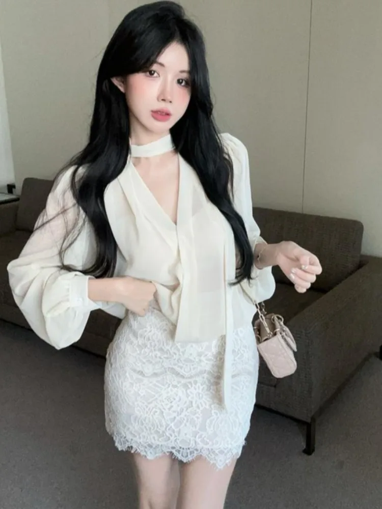 

Elegant Pure Desire Spring Summer Long Sleeve Lace Wrap V-Neck Blouse And Half Skirt Set for Women Gentle And Flowing Style
