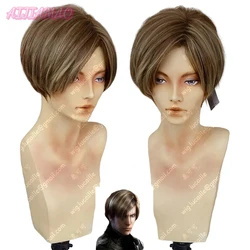 Movie  Leon Scott Kennedy Short Brown Color Highlights Styled Heat Resistant Hair Cosplay Costume Wig + Free Wig Cap