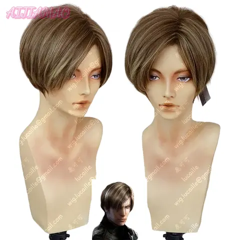 Movie  Leon Scott Kennedy Short Brown Color Highlights Styled Heat Resistant Hair Cosplay Costume Wig + Free Wig Cap