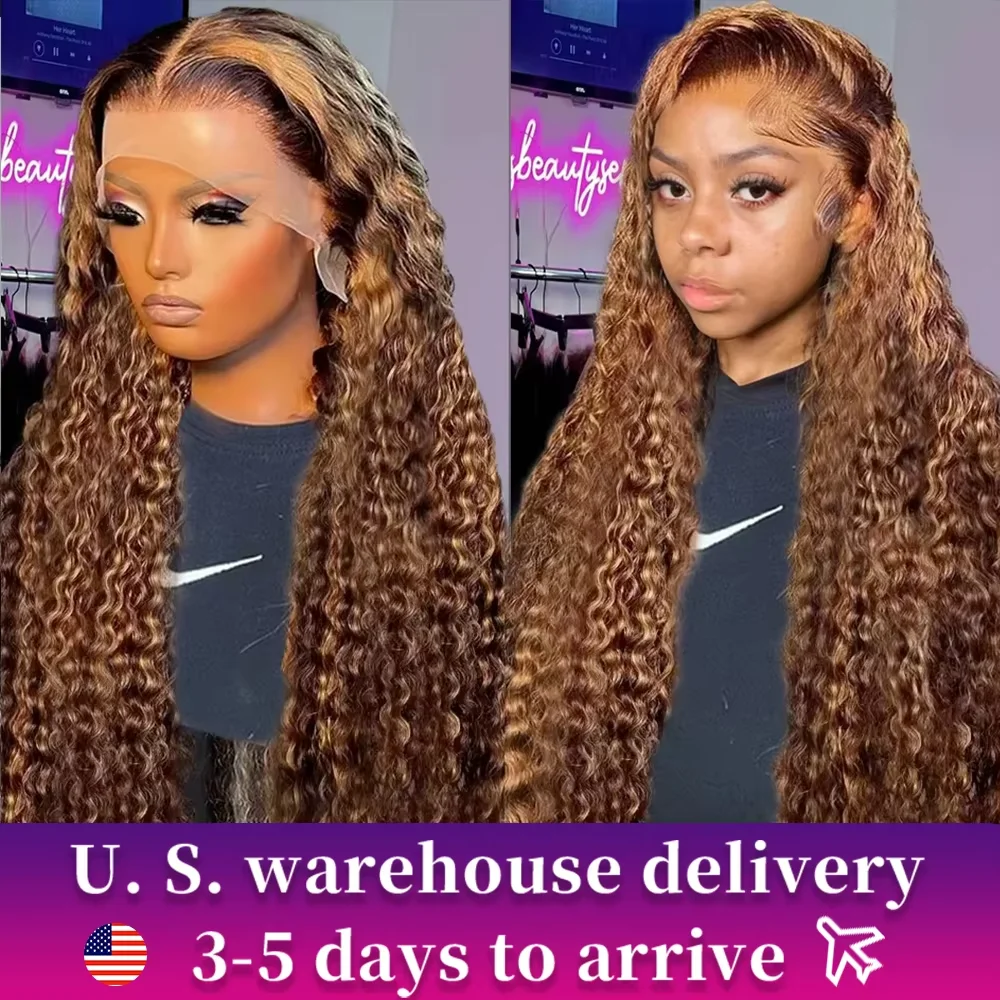

Highlight Ombre Brown 250 Density 13x4 Curly Lace Front Wig 30 Inch Water Wave Peruvian HD Lace Frontal Human Hair Wig Pre Pluck
