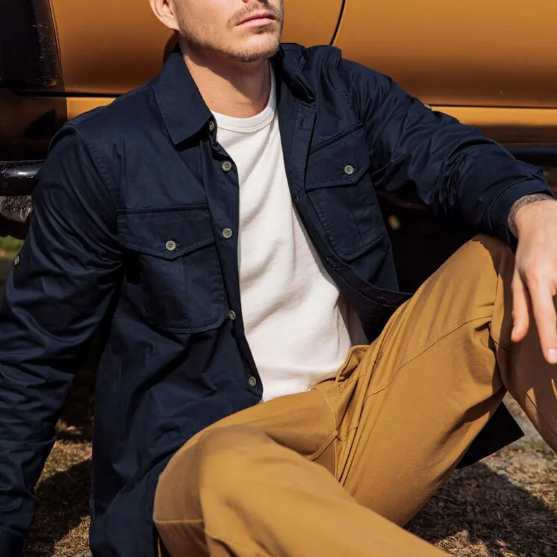 2026 Spring and Autumn New Shirt Men's Long Sleeve Cotton Casual Solid Color Shirt Tooling Slim Jacket