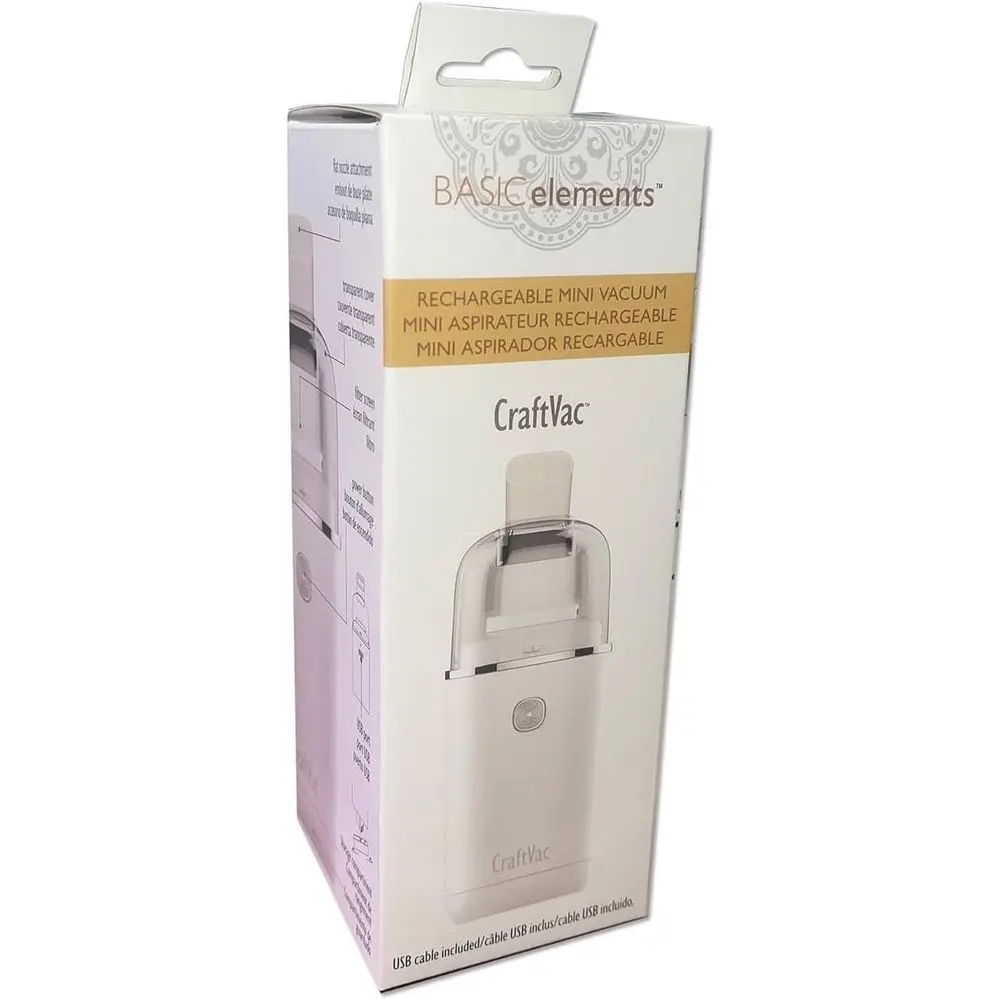 Rechargeable Mini Vacuum - Basic Elements - Quiet 1 Button Operation - 2 Suction Levels - 2 Nozzle Attachments - Great for Beads