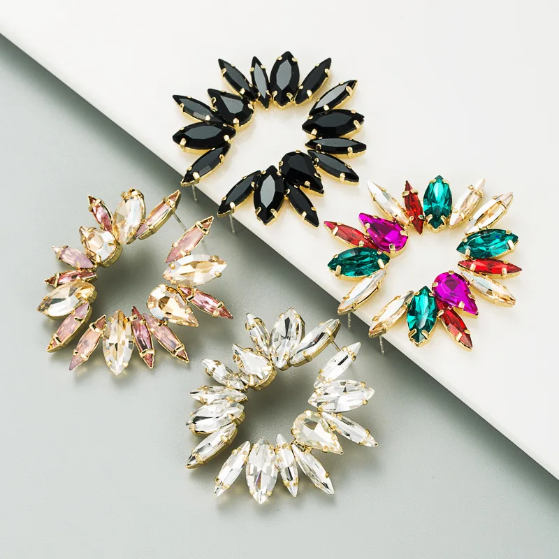 

Luxury Half Flower Rhinestones Stainless Steel Dangle Earrings for Women Fashion Jewelry