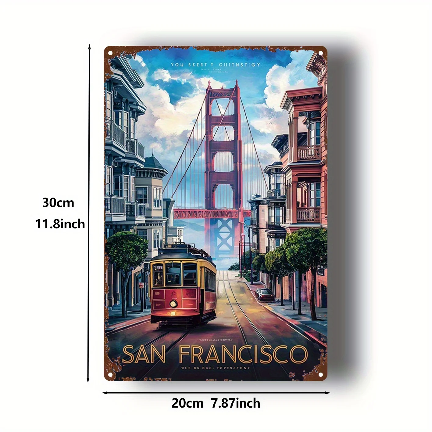 2D Flat, 1pc Tin Sign San Francisco Golden Gate Bridge Tram Vintage Poster Classic Wall Art, Durable Metal Decor for Home, Ki