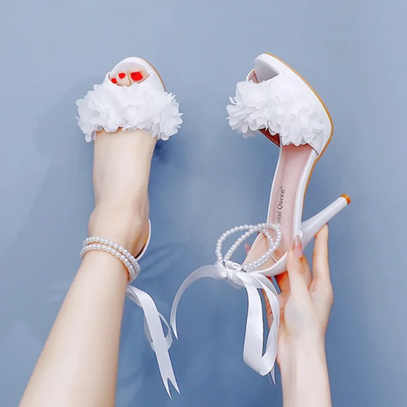 

10cm Women's Sandals Fashion Pearl Ankle Strap Design High Heel Sandals Flower Decorated White Wedding Shoes Fish Mouth Sandals