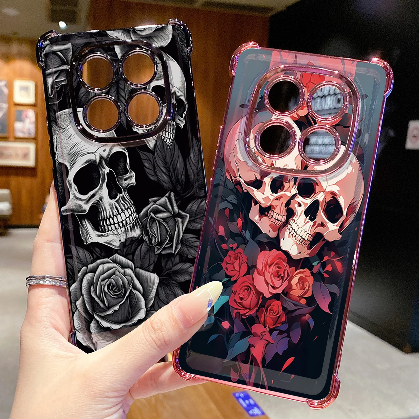 for Compatiable with POCO X6 C65 X5 5G M6 Pro 4G M7 C75 Rose Skull Clear Plating Case Anti Drop Cover