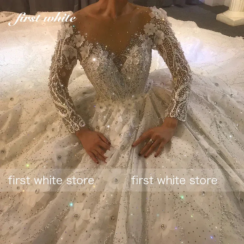 Customized Long Sleeve Reception Dress For Bride Sweep Train Wedding Dresses Appliques Beading Crystal Bridal Gown Robe Mariage