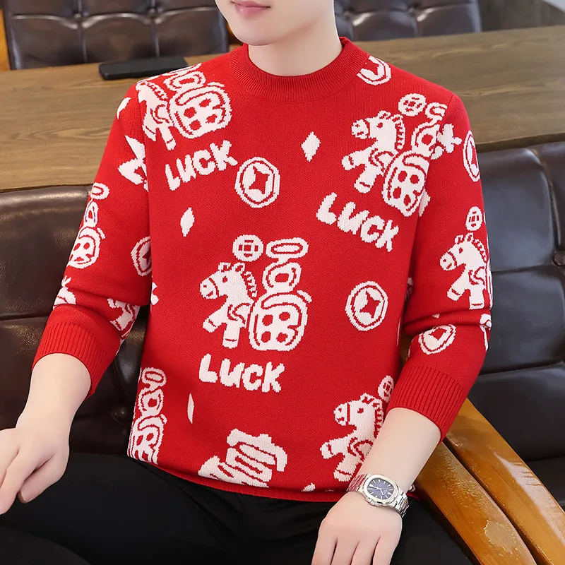

2025 New Sle Men's Knitted Sweater Couple Winter Clothes Year Red Knitwear for Teens Soft Acrylic Cisas Sle
