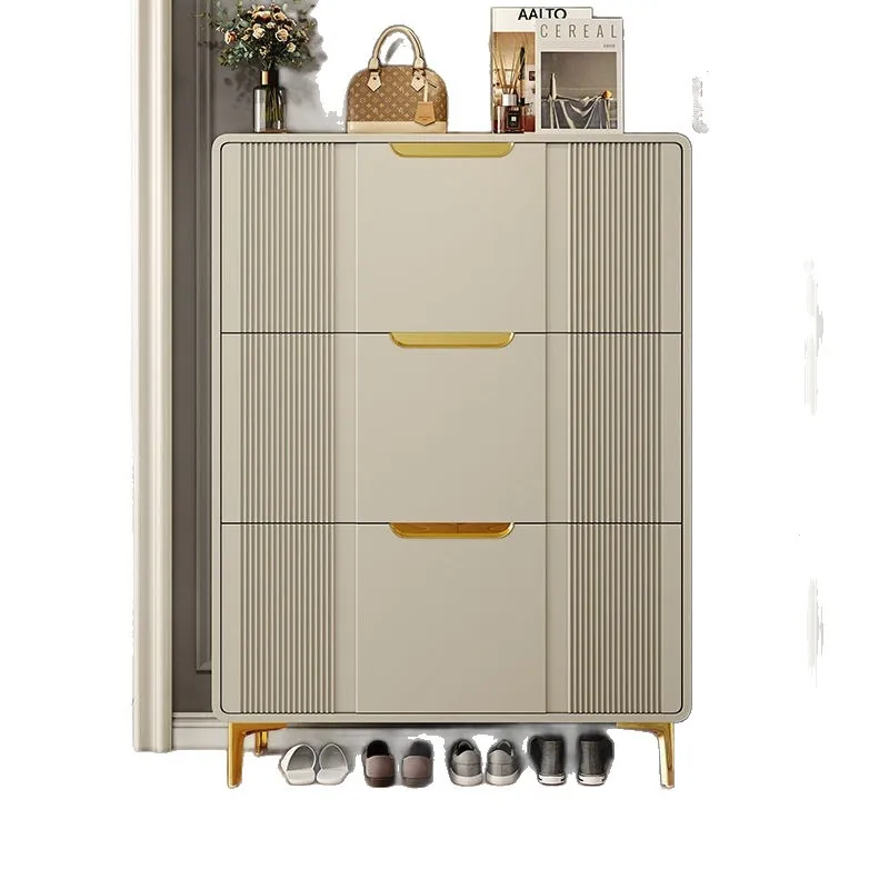 

Cream wind, ultra-thin tipping bucket shoe cabinet, integrated shoe rack against the wall at home