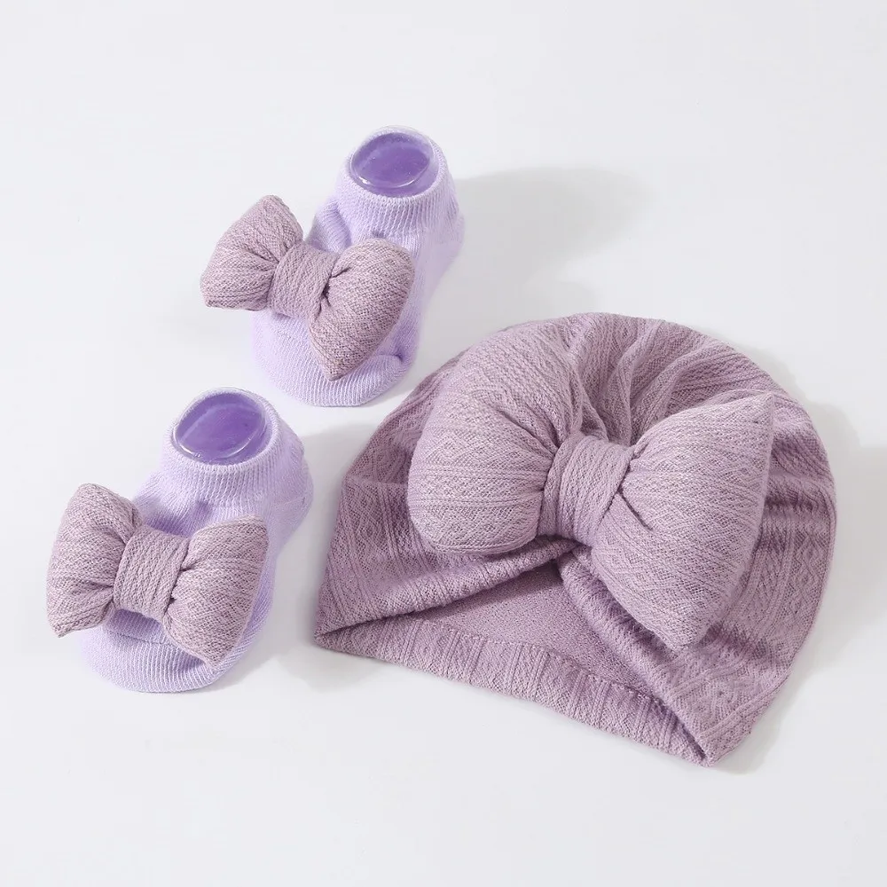 

Sweet Cute Cotton Knit Baby Hat Socks Set Big Bowknot 0-12 Months Baby Bow Fetal Cap Warm Elastic Newborn Turban Hat Toddler