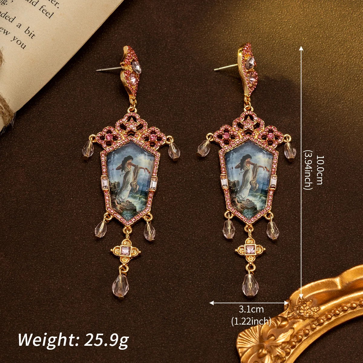 vintage full diamond mural tassel stud earrings palace  temperament earrings oil painting portrait metal  earrings