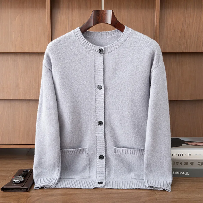 

Men's Sweater 100% Pure Cashmere Knitwear Autumn Winter Thick Cardigan Smart Casual O-Neck Tops Warm Buttons Pockets Clothing