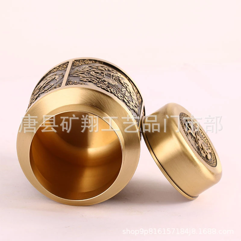 Brass-made four mythical beast tea with lid, copper canister for home and office decoration