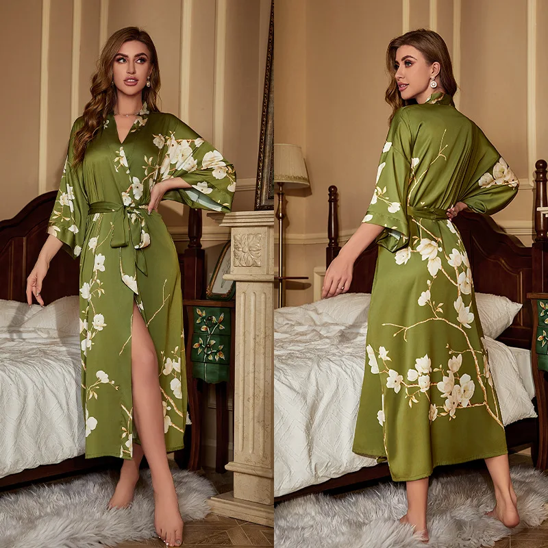 Batas de satén para mujer, ropa de dormir de flores para el hogar, lencería íntima, Kimono informal, vestido de noche Sexy, albornoz femenino