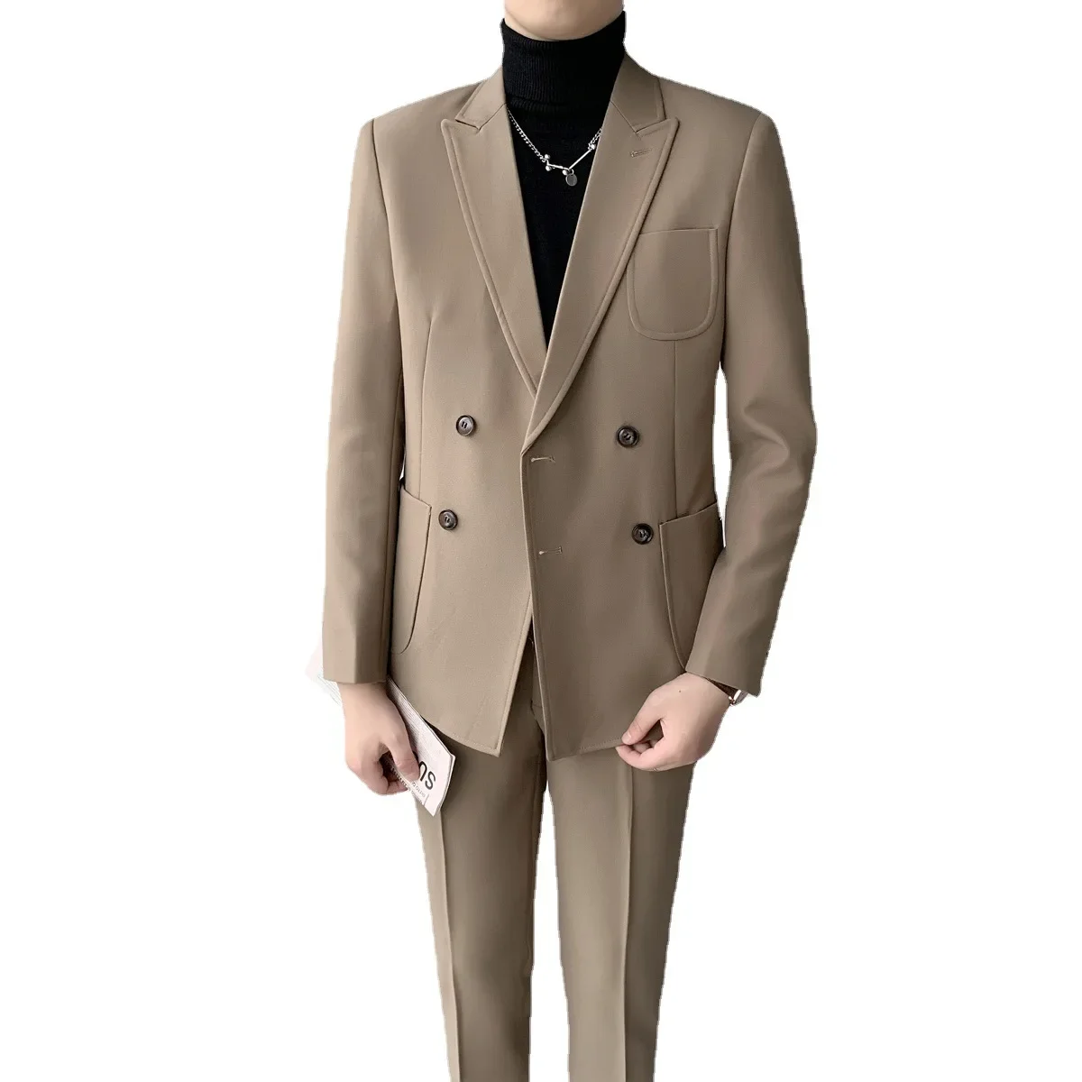 Boutique Suit + Trousers Korean Version of The British Style Gentleman Fashion Business Solid Color Casual Double-breasted Suit