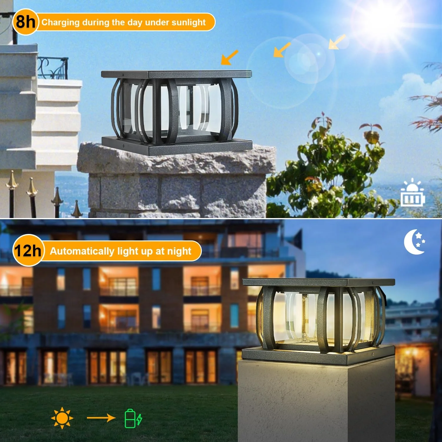 10W Solar Post Light with Remote Control Dimmable Solar Fence Deck Column Lamp IP65 Waterproof Patio Solar Pillar Light