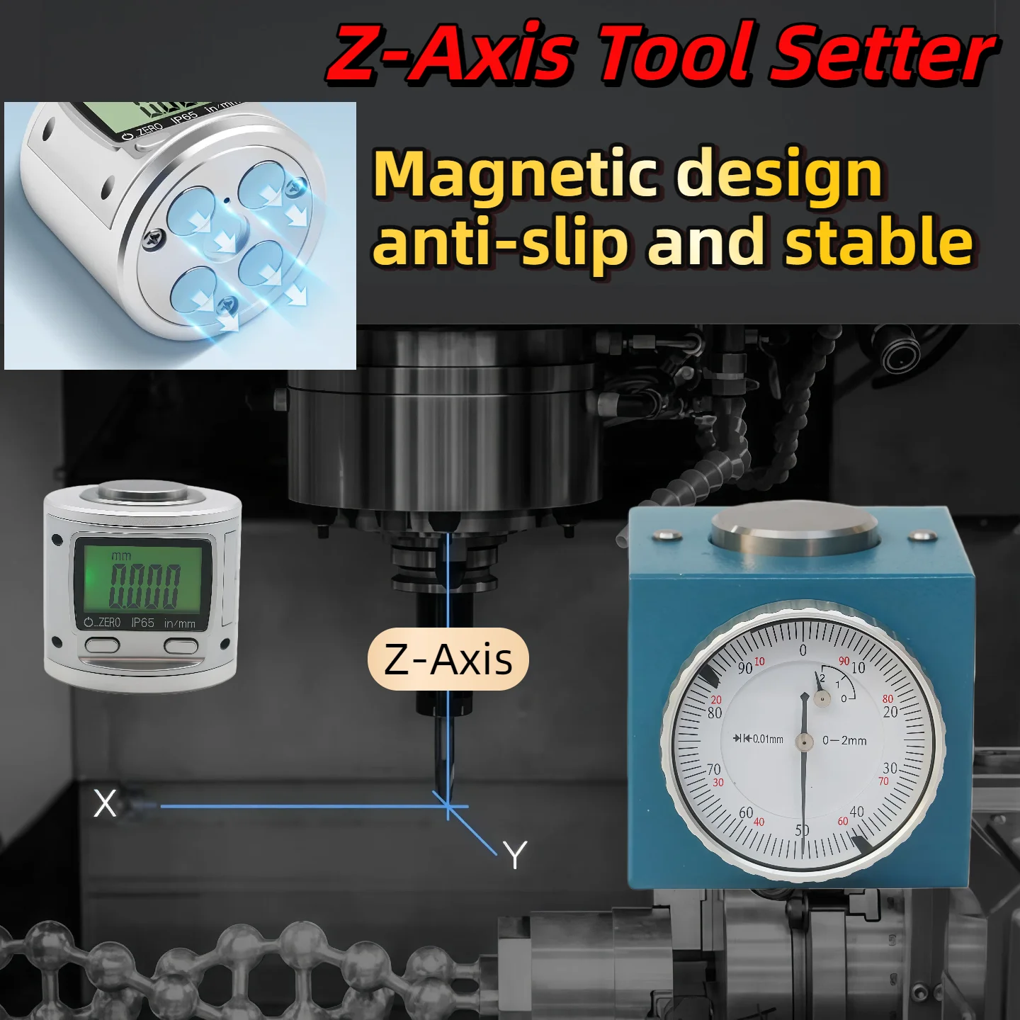High Precision Z Axis Tool Setter Magnetic Anti-Slip Dial Indicator 0-50mm Range for CNC Machine Tools Small Cutter Protection