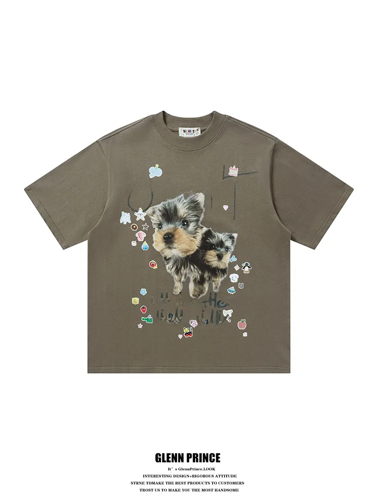 

GPstudio American Retro Yorkshire Terrier Print Short Sleeve T-Shirt Men's Summer Neutral Trendy Brand Cotton Tee
