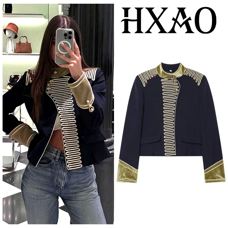 HXAO Women's Jacket Fitted Button Long Sleeve Coat Elegant Formal Women's Cropped Summer Jacket Chic Street Old Money Outerwear