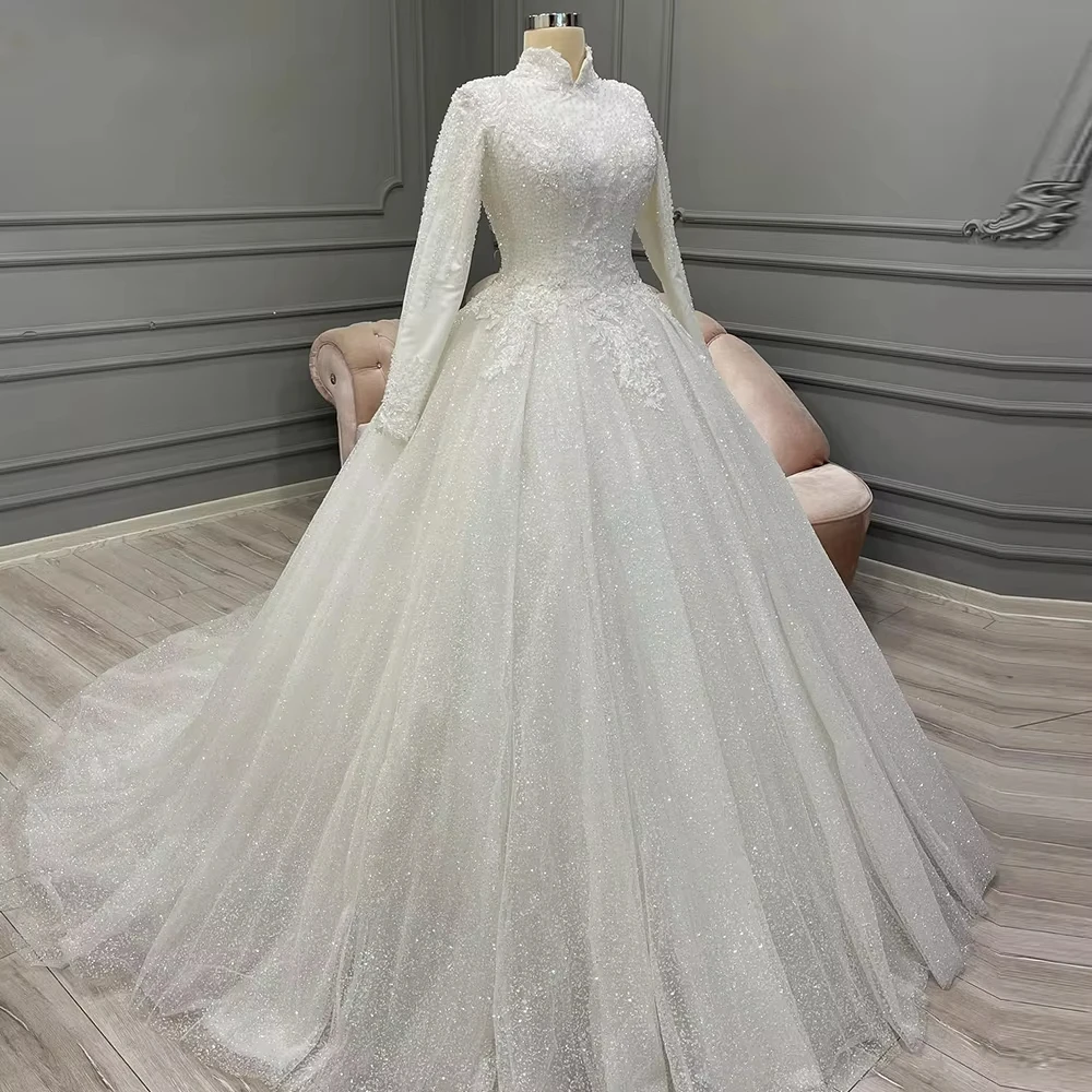 Roseann Wedding Dress Muslim High Quality A-line High Collar Draped Pleat Applique Bride Dresses robe de mariée Customized 2026