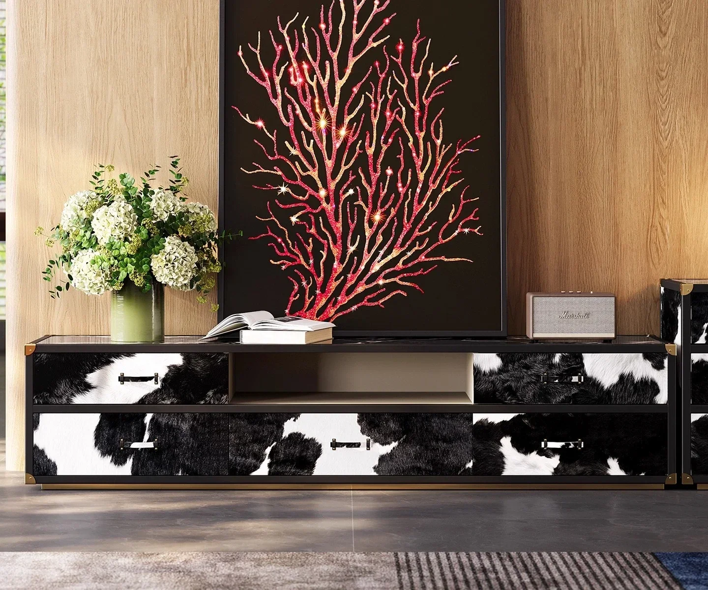 

56Light luxury TV cabinet, living room fashion high-end milk cowhide marble floor cabinet