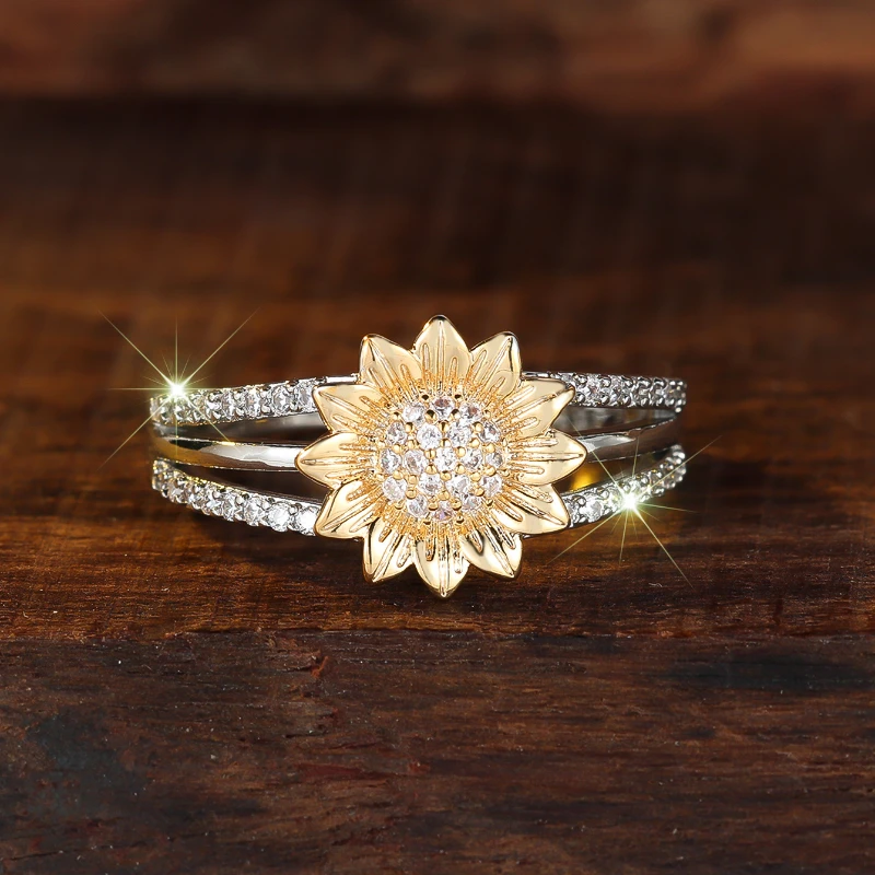 خاتم مرصع بالزركونيا المكعبة بتصميم عباد الشمس الأنيق، مناسب للحفلات والارتداء اليومي ومجوهرات الأزياء النسائية #6