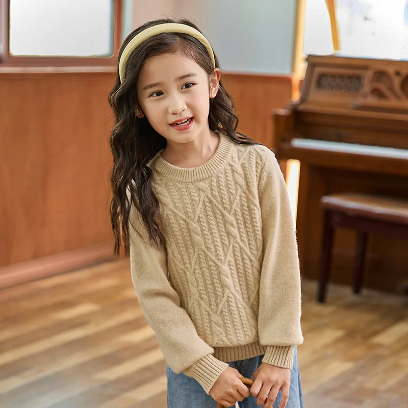 

Childrens solid color wool knitted sweater Thickened round neck bottom top for boy and girl Korean version loose knitted sweater