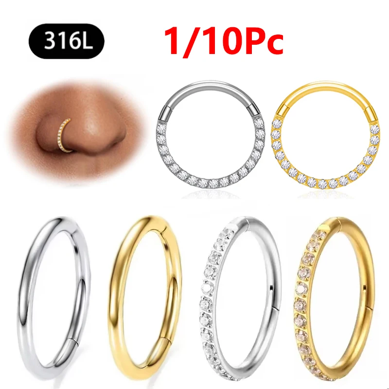1/10Pc Pierścień na nos ze stali nierdzewnej CZ 16G Zawiasowa przegroda Clicker Segment Ucho Tragus Chrząstka Daith Lip Nos Biżuteria do przekłuwania ciała