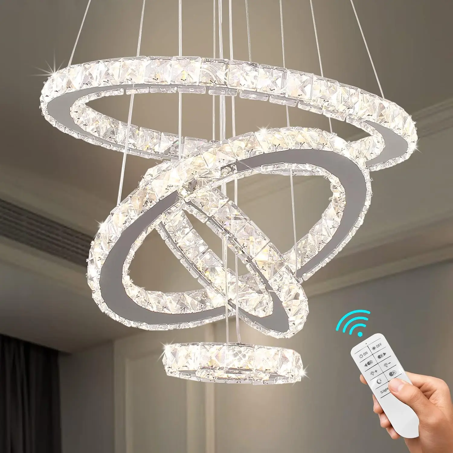 4-Ring Crystal Chandelier, Dimmable LED Pendant