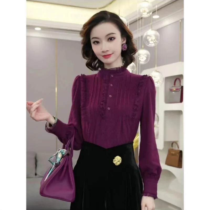 High-End-Samtbluse im französischen Stil für Damen, 2025, neuer Herbst, dick, lila, einreihig, langärmelig, Damen-Plisseehemd