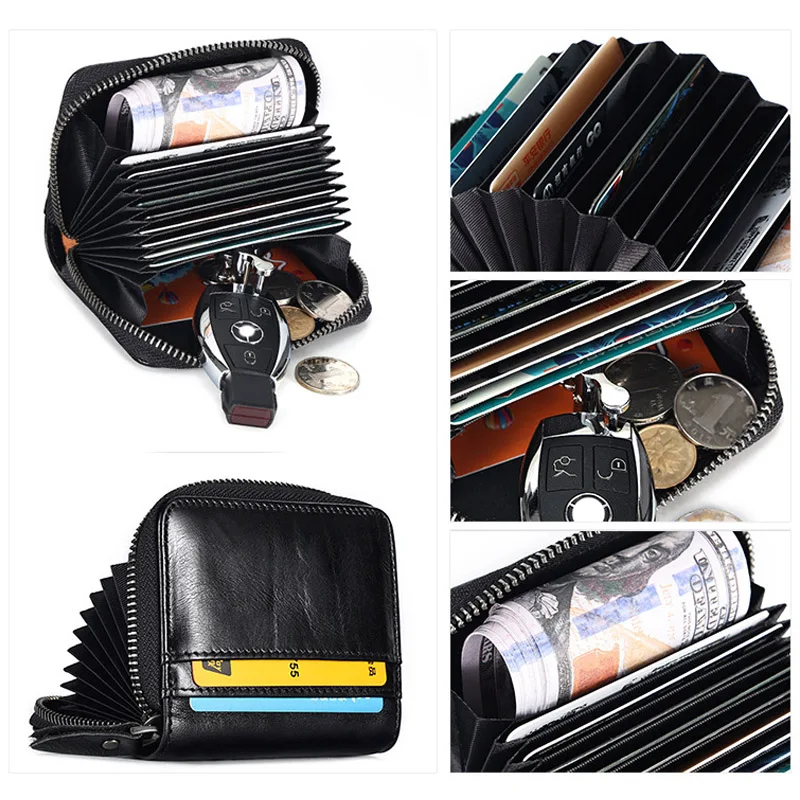 Etui na karty kredytowe Mini etui na karty Wizytownik Vintage prawdziwej skóry Organizer na bilety Pokrowiec Czarna portmonetka na zamek błyskawiczny