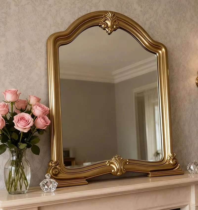 Vintage Style Gold Vanity Mirror, Carved Frame Decorative Mirror for Bathroom Dressing Table
