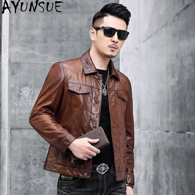 

AYUNSUE Real Leather Jacket Men Autumn Mens Clothes Motocycle Jackets Oil Wax Genuine Cowhide Coat Vintage 2025 Jaqueta De Couro