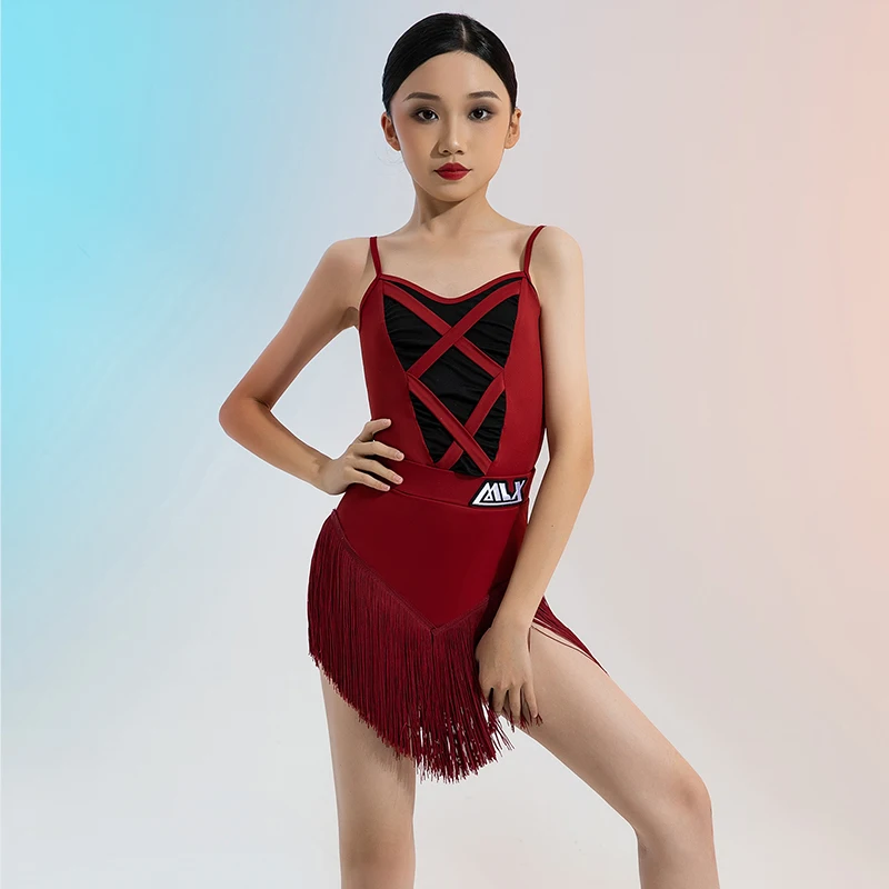 Rot Latin Dance Anzug Neue Mädchen Cha Cha Samba Bühne Kostüm Fringe Rock Sommer Sling Kleid Kinder Dance Performance Tragen AMY2081