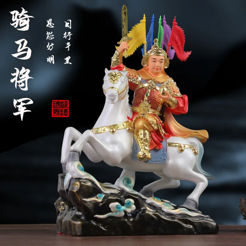 Colorful yellow trot statue of a general reporting a horse to the general, and offering an ornament of Buddha at home with resin