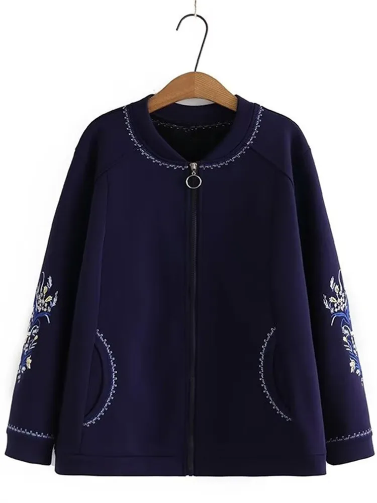 Plus Size Women\'s Coat Round Neck Flocked Long Sleeve Thickened Coat With Plush Inside, Embroidered Floral Motif On The Sleeves