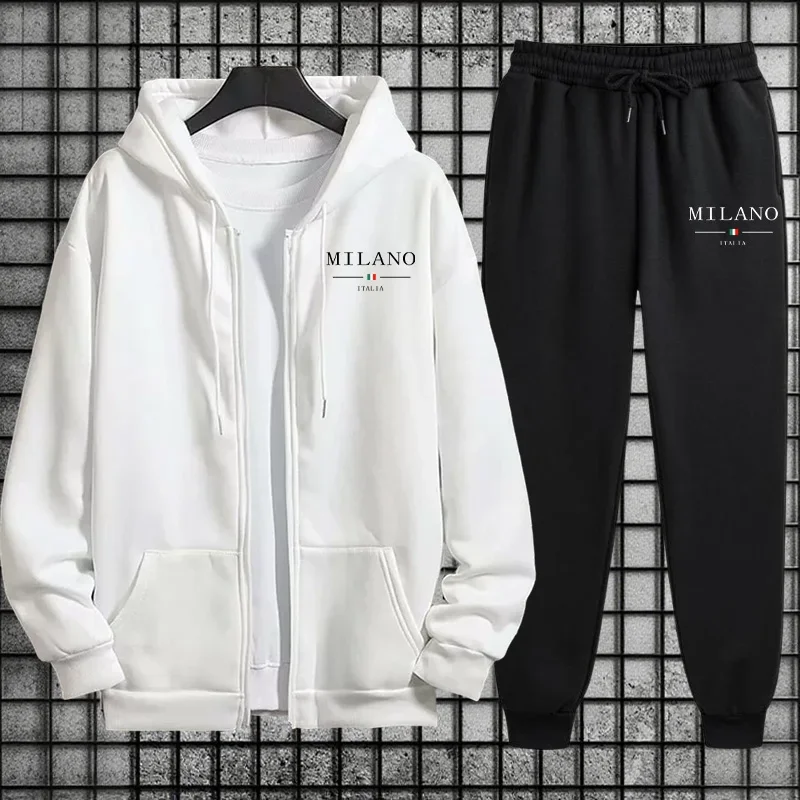 2 Piece Set Hooded Coat Jogger Pants Casual Outfits 2025 New Trendy Men's Zipper Hoodie Black Sweatpants Italy Fashion Tracksuit