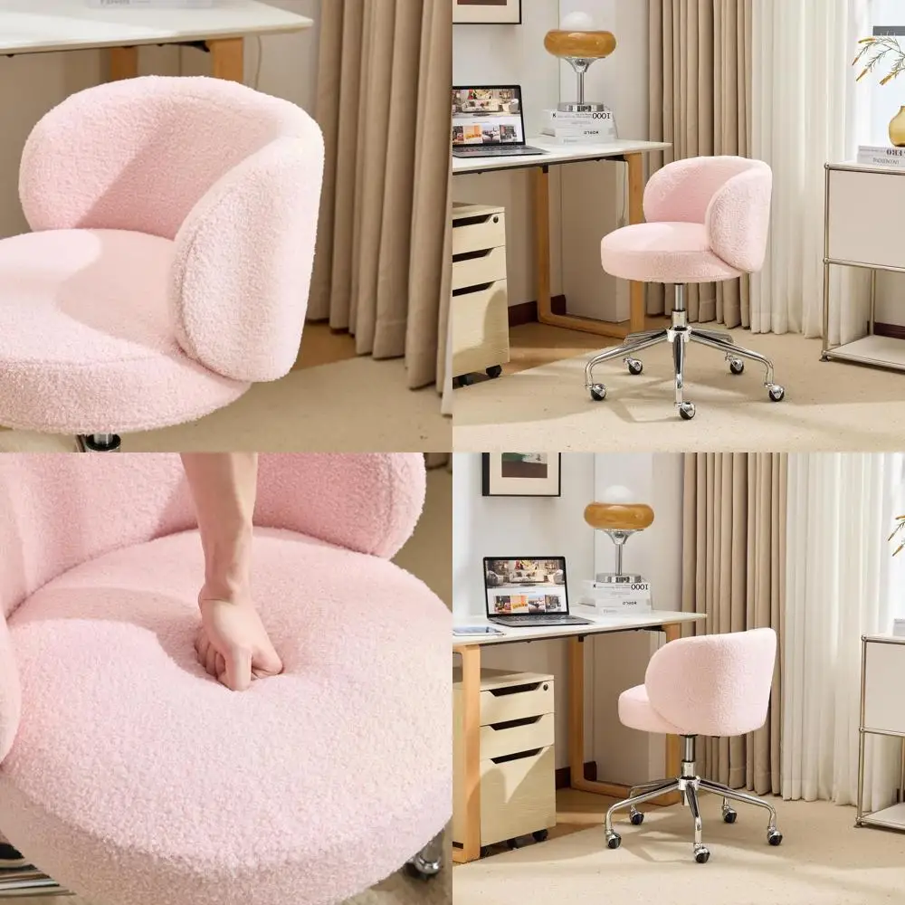 

Comfortable Swivel Desk Chair with Wheels, Ergonomic Low-Back Support, Adjustable Height, Teddy Fleece, Pink for Home Office, Ki