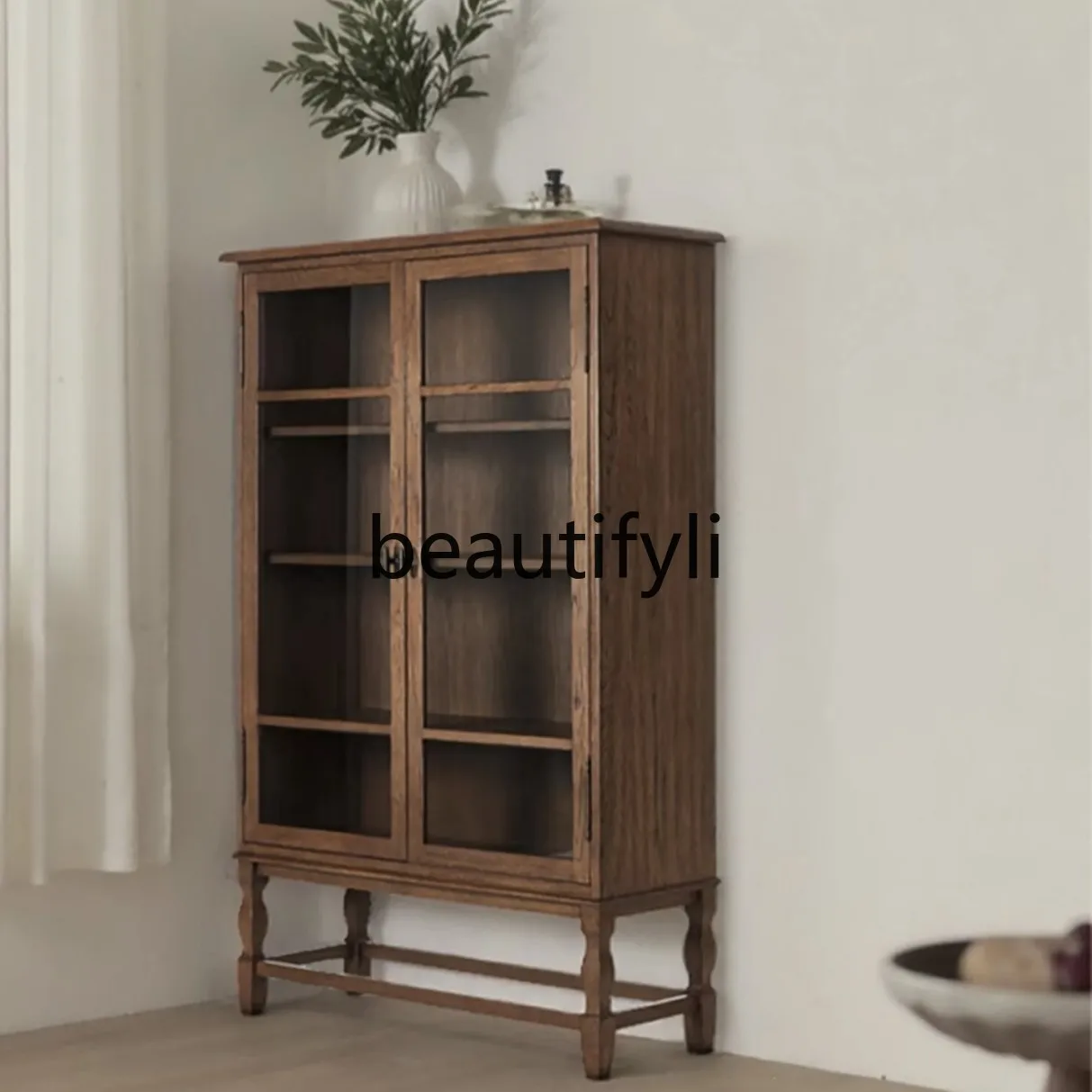 

American Retro Floor Bookshelf French Solid Wood Bookcase Display Cabinet Designer High-end Living Room Display Cabinet