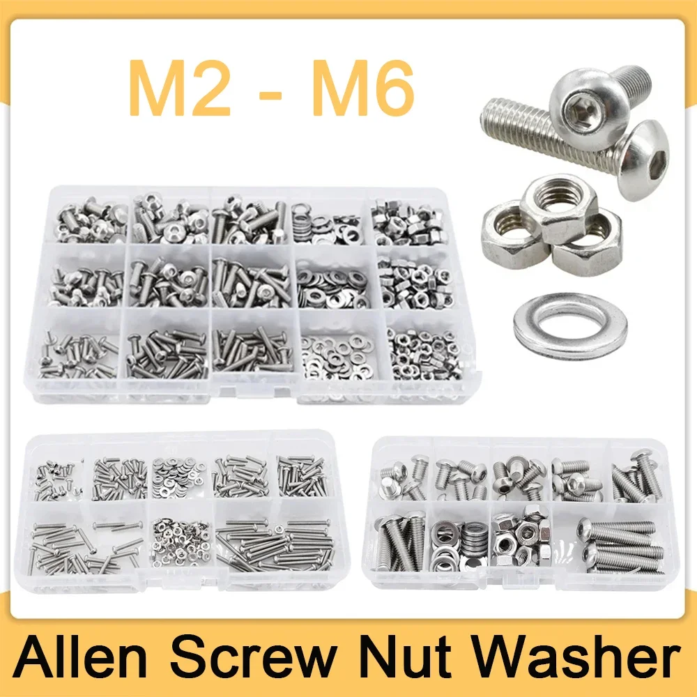M2 M3 M4 M5 M6 Hex Socket Screw ISO7380 Stainless Steel Allen Bolt Flat Washer Hexagonal Nut Kit Metal Machine Screws Spacer Set