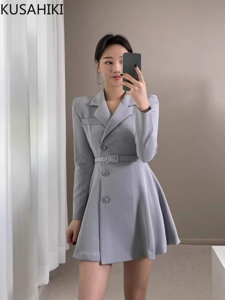 

KUSAHIKI Korean Chic Spring New Retro Single Breasted Waist Slimming Long Sleeved Suit Dress for Women with Waist Belt