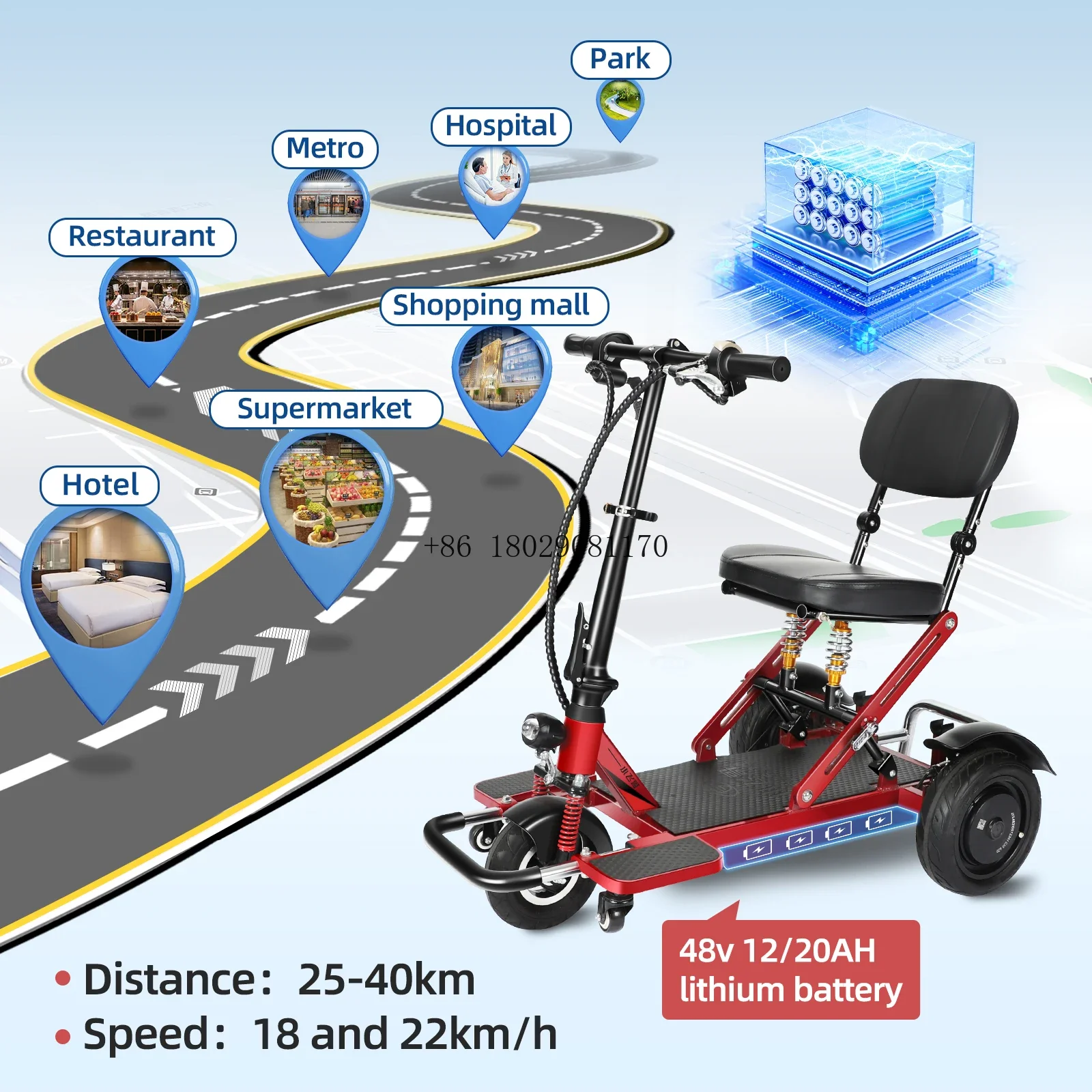 Speed 22Km/H 40Km Long Distance Travel Scooter Small Compact Folding Three-Wheel Mobility Scooter Fast